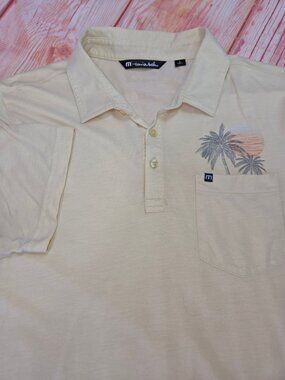 Travis Mathew Mens Beige Polo Large With Palm Tree Sunset Print